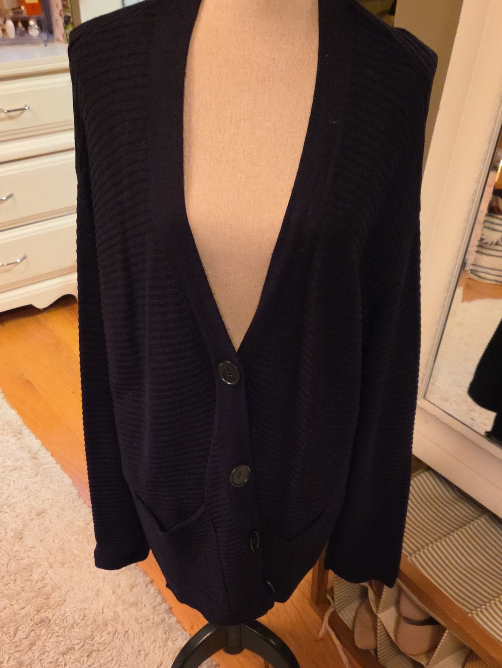 Black ZARA Oversized Ribbed Button-Front Women’s Cardigan Sweater Lg